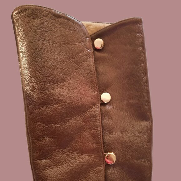 Michael Kors Tall Riding Boots Brown Leather US 8 Snap Buttons Faux Fur Lining - Picture 2 of 9